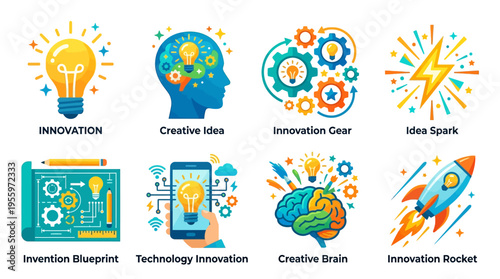 A vector illustration of a creative brain with innovative ideas sparks technology invention and innovation rocket.