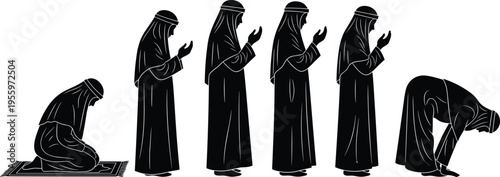 Islamic prayer posture silhouette illustration set, Salah worship devotion cultural tradition artwork, spirituality vector design concept