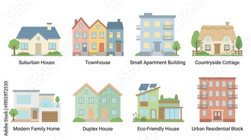 Vector illustration of various colorful houses and buildings in a suburban landscape with modern architecture.