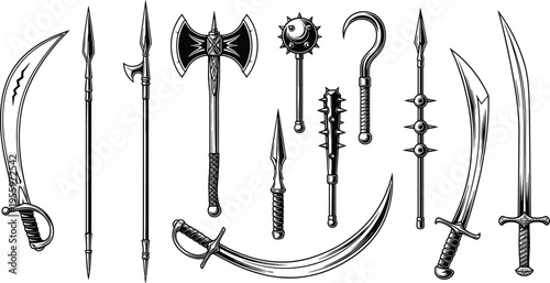 Medieval fantasy weapon silhouette illustration set, swords spears axes maces daggers artwork, combat vector design concept