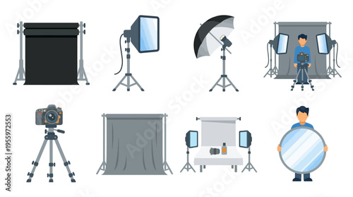 Professional photographer setting up vector studio equipment for a photo shoot with various tools and lighting
