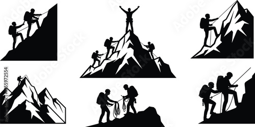 Mountain climber silhouette illustration set, hiking trekking teamwork adventure artwork, mountaineering vector design concept