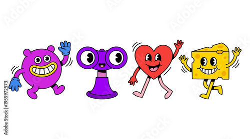 Cartoon characters of a purple creature, purple robot, red heart, and yellow block dancing together in a vector illustration.