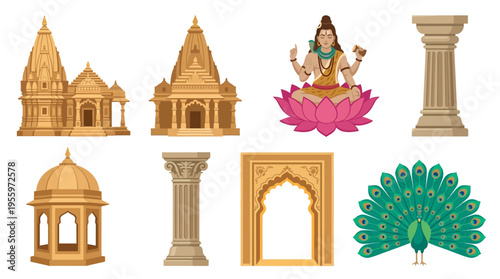 A vector illustration of various Indian architectural elements and a peacock with a goddess statue on a pink lotus in a cultural setting.