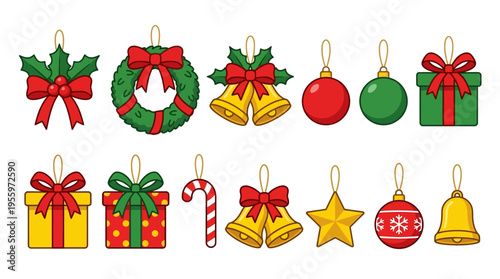 A vector illustration of Christmas decorations including a wreath, presents, bells, and ornaments on a white background.