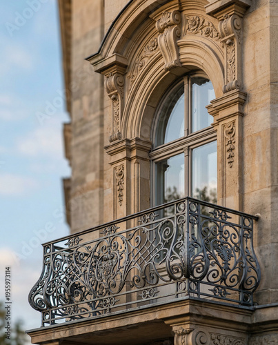 Close-up of elegant balcony with arched window and metal railing