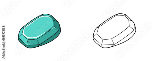 Faceted turquoise gemstone vector illustrations shown in colored cartoon and black outline linear styles, bright cyan and seafoam green hues, representing smooth polished jewel on white background