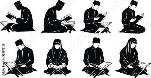 Religious reading silhouette illustration set, Quran study devotion cultural tradition artwork, spirituality vector design concept