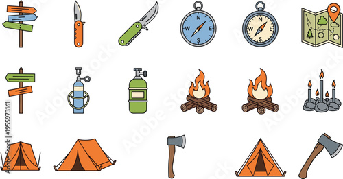 Camping and Hiking Equipment Icon Set with Tent, Campfire, Compass, Map, Knife, Axe, and Gas Stove, Outdoor Adventure Gear Collection for Travel and Survival Design