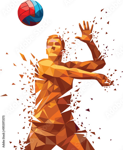 Polygonal volleyball player silhouette illustration set, dynamic spike serve athlete artwork, geometric motion vector design concept