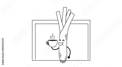 Cute Leek Character Holding a Coffee Cup, Funny Food Illustration