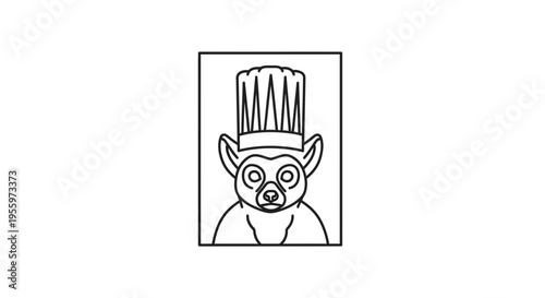 Cute Lemur Chef Illustration Wearing Tall Chef Hat, Black and White Line Art