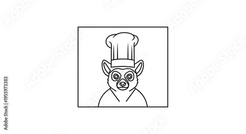 Cute Lemur Chef Illustration Wearing Chef Hat, Vector Line Art