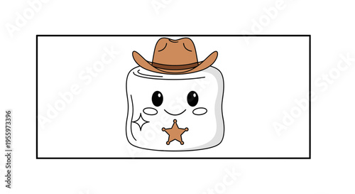 Cute Marshmallow Cowboy Character with Sheriff Star and Hat, Kawaii Style