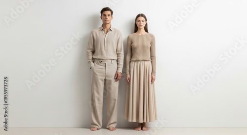 A man and woman stand together against a plain wall wearing neutral clothing.
