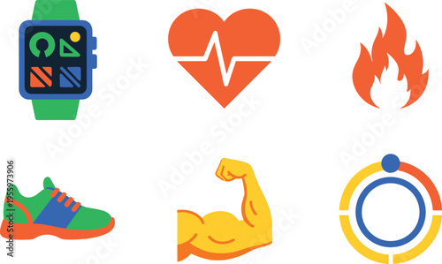 Health and Fitness Icon Set with Smartwatch, Heart Rate, Flame, Running Shoe, Muscle, and Progress Chart Symbols for Workout, Training, and Wellness Design
