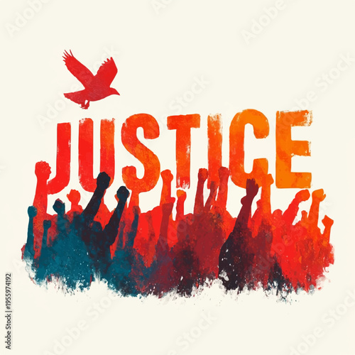 Justice movement concept with raised fists and dove flying overhead symbolizing freedom and equality