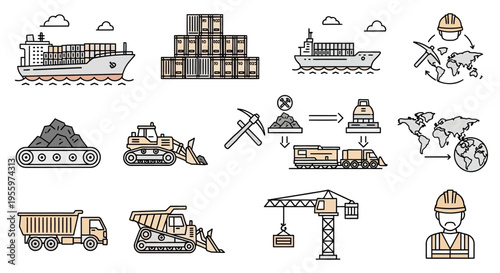 Industrial construction site equipment icons.