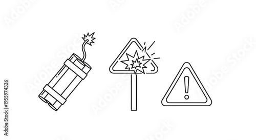 Warning signs and explosive dynamite stick.