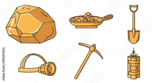 Mining tools and gold nugget icons.
