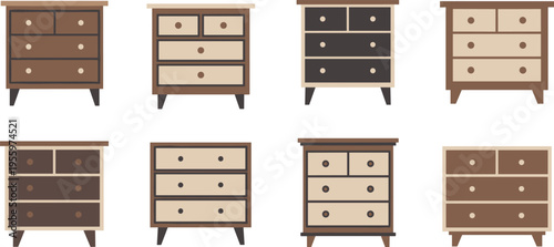 Wooden Drawer Cabinet Furniture Set with Classic and Modern Styles, Minimal Home Storage Units Collection for Interior Design, Bedroom, Living Room, and Office Use