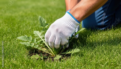 Garden Weeding: A pair of gloved hands diligently uproots a weed from a lush, green lawn. A close-up view accentuates the hands-on care of garden.