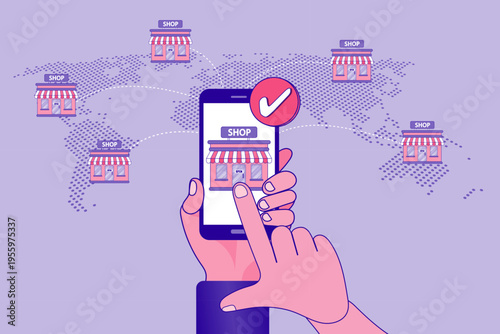 Global online marketplace and e-commerce business expansion with smartphone and world map