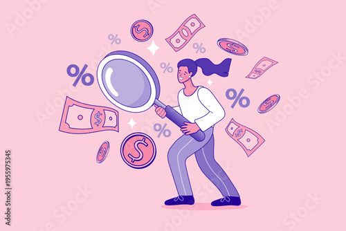 Professional woman using a magnifying glass to analyze financial investment opportunities, interest rates, and profit growth. Flat vector illustration of financial research and wealth management.