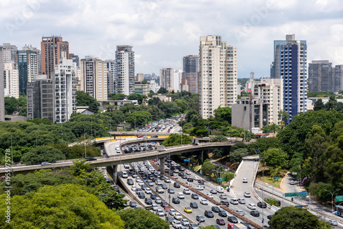 Heavy traffic at complex highway interchange near Praca Soichiro Honda in Sao Paulo Brazil