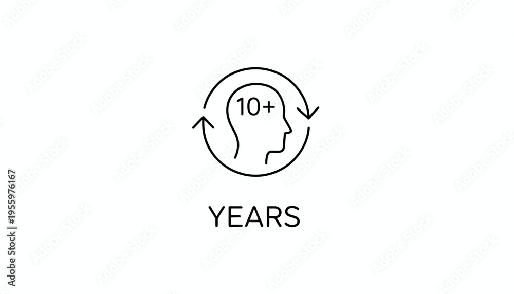 Obraz premium Icon of a human head with 10+ years inside a circle with arrows, symbolizing experience and longevity