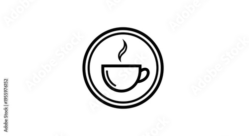 Hot Coffee Cup Icon with Steam in Circle, Minimalist Black and White Design