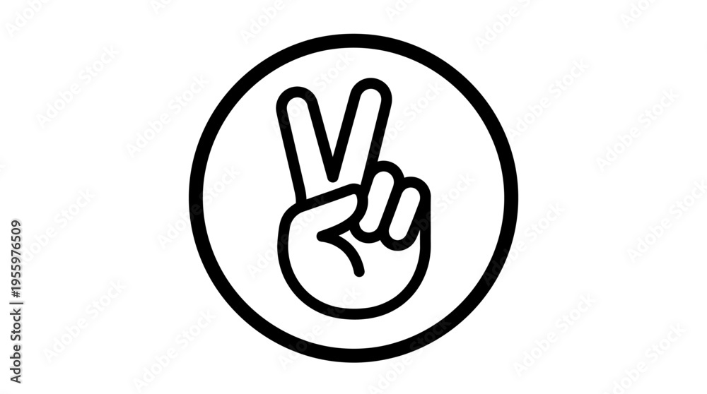 Fototapeta premium Simple black outline drawing of a hand making the peace or victory sign within a circular frame.