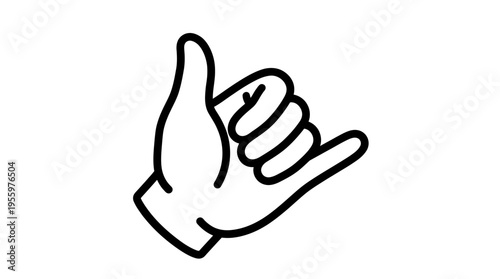Outline illustration of a hand making the shaka sign, often associated with surfing and Hawaiian culture, on a white background.
