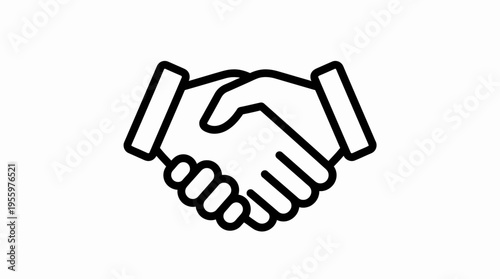 Black and white outline icon of two hands shaking, symbolizing agreement, partnership, and cooperation.