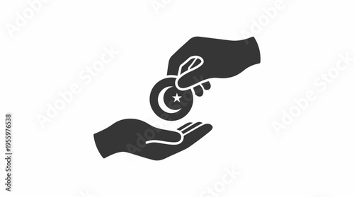 A black and white icon depicting a hand giving a coin with an Islamic crescent and star symbol to another receiving hand, symbolizing charity or zakat.