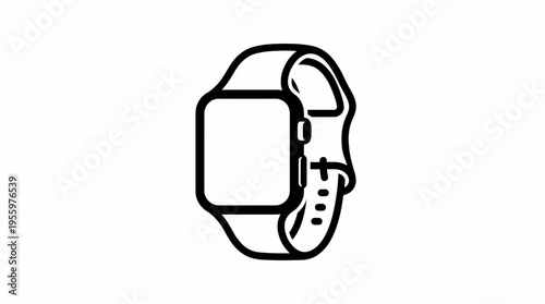 Simple line art icon of a modern smartwatch with a square display and a flexible band, depicted in black and white.
