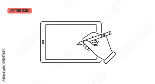 Hand holding stylus drawing on digital tablet screen, vector icon concept.