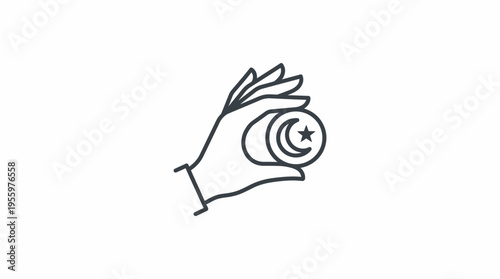 Line art icon of a hand holding a coin featuring a crescent moon and star symbol, representing Islamic finance, charity, or religious giving.