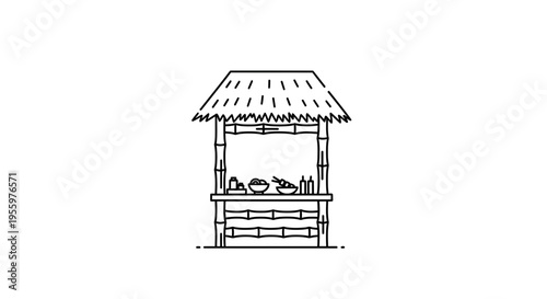 Hand-drawn illustration of a bamboo food stall with thatched roof and bowls of food