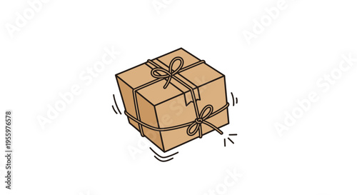 Hand-drawn illustration of a cardboard box tied with string, shaking.