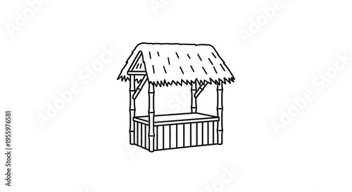 Hand-drawn illustration of a traditional thatched-roof hut with bamboo posts, simple design.