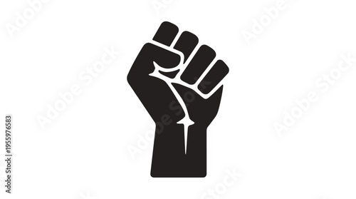 A powerful black raised fist symbol on a clean white background, representing solidarity, strength, and resistance.