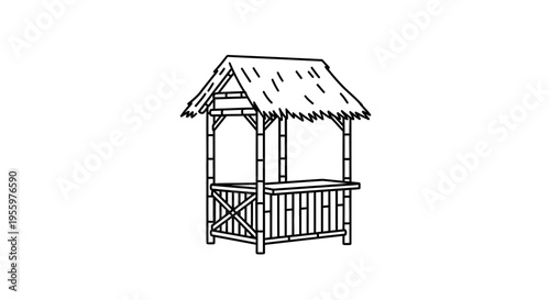 Hand-drawn illustration of a tropical beach bar with thatched roof and bamboo structure