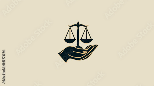 Hand holding balance scales on beige background symbolizing justice and fairness concept