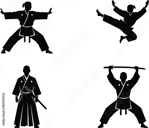 Martial arts silhouette illustration, dynamic poses with weapons, traditional combat stances, karate kick, kendo sword, cultural discipline artwork