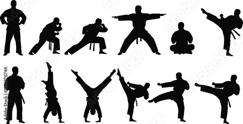 Martial arts silhouettes set, karate fighters performing kicks, stances and training poses isolated black figures for combat sport design
