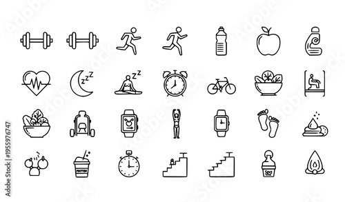Healthy lifestyle line icon set with fitness gym diet sleep and wellness symbols editable stroke vector for web and mobile app