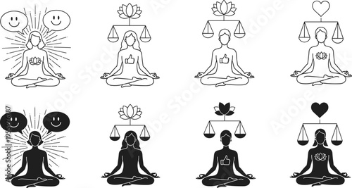 Meditation yoga icon set mindfulness balance lotus chakra spiritual woman meditation symbols line and silhouette wellness harmony illustration collection