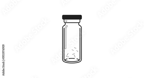Empty Glass Vial with Black Cap and Small Particles Inside, Medical or Scientific Concept