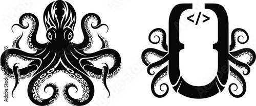 Octopus silhouette logo set, sea creature tentacle emblem, creative coding octopus symbol, marine animal vector illustration design